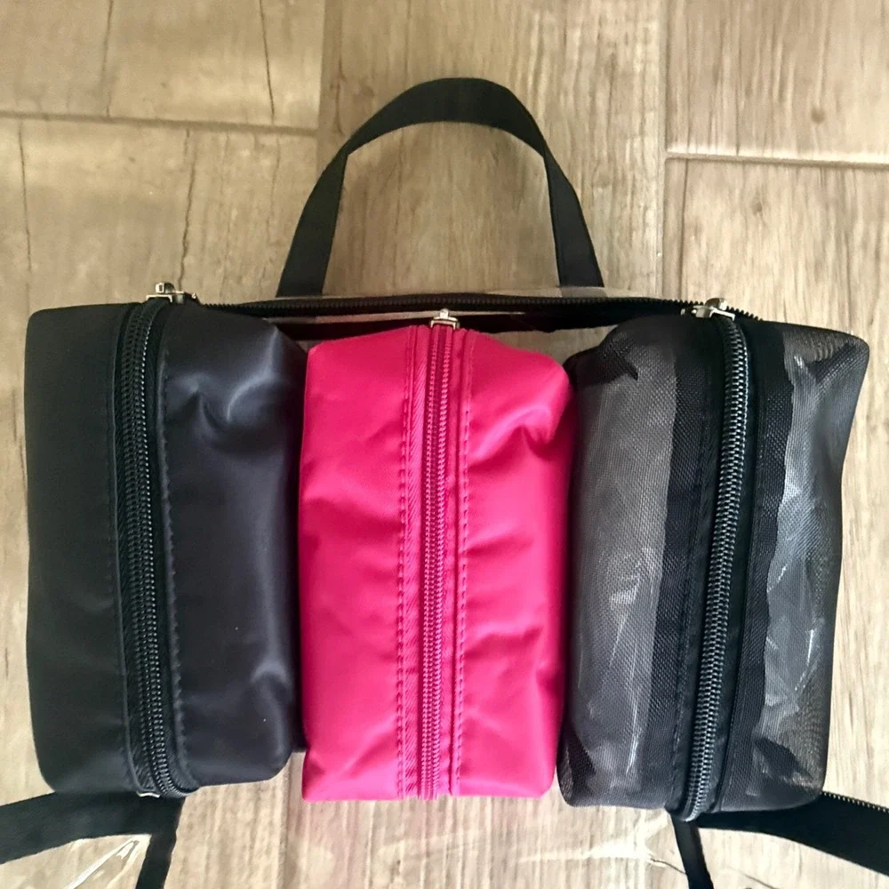 4 Piece Clear Cosmetic Travel Bag Set‎ with Black and Pink Interior Pouches